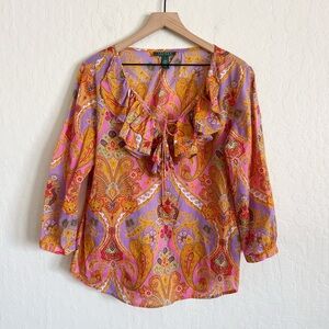 Vintage Lauren Ralph Lauren Cotton Ruffle V-Neck Blouse Large Colorful Paisley
